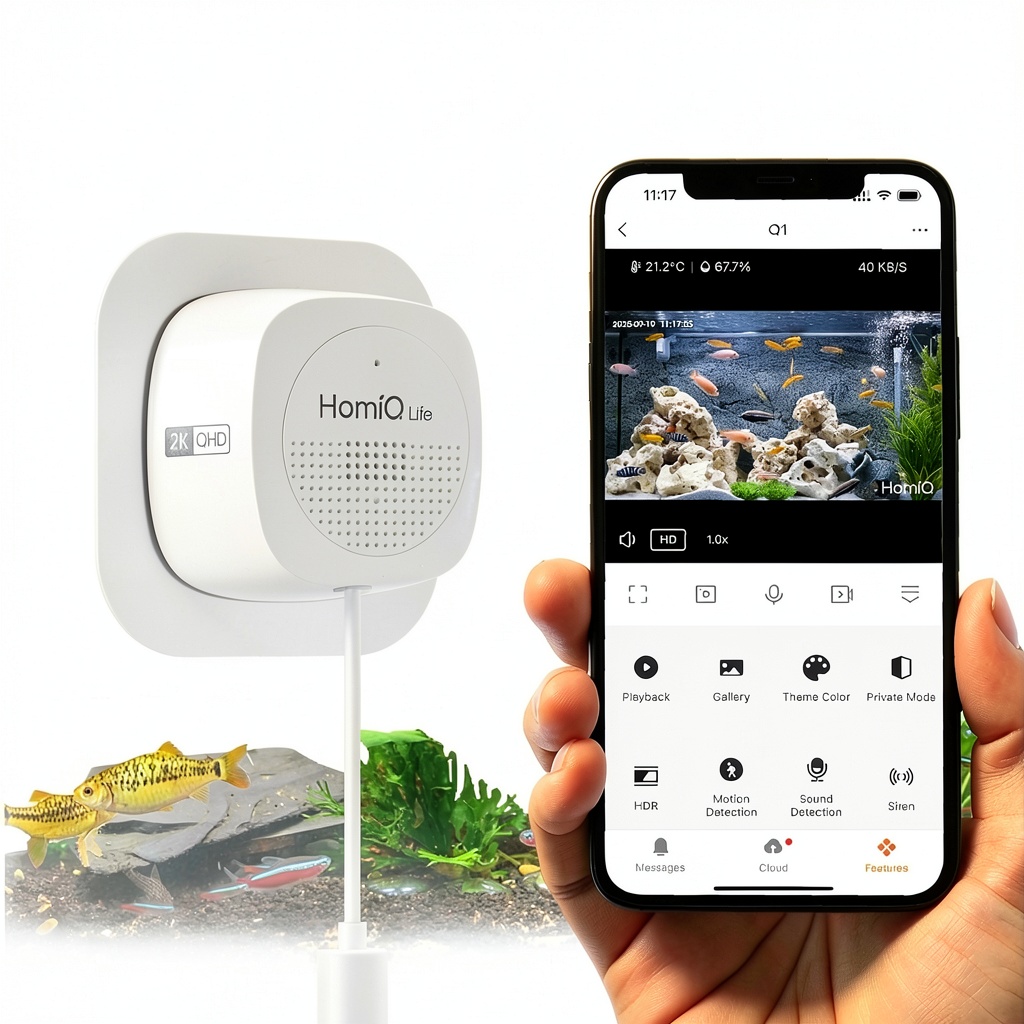 HOMIQ Life camera mounted on a window with clear daytime view