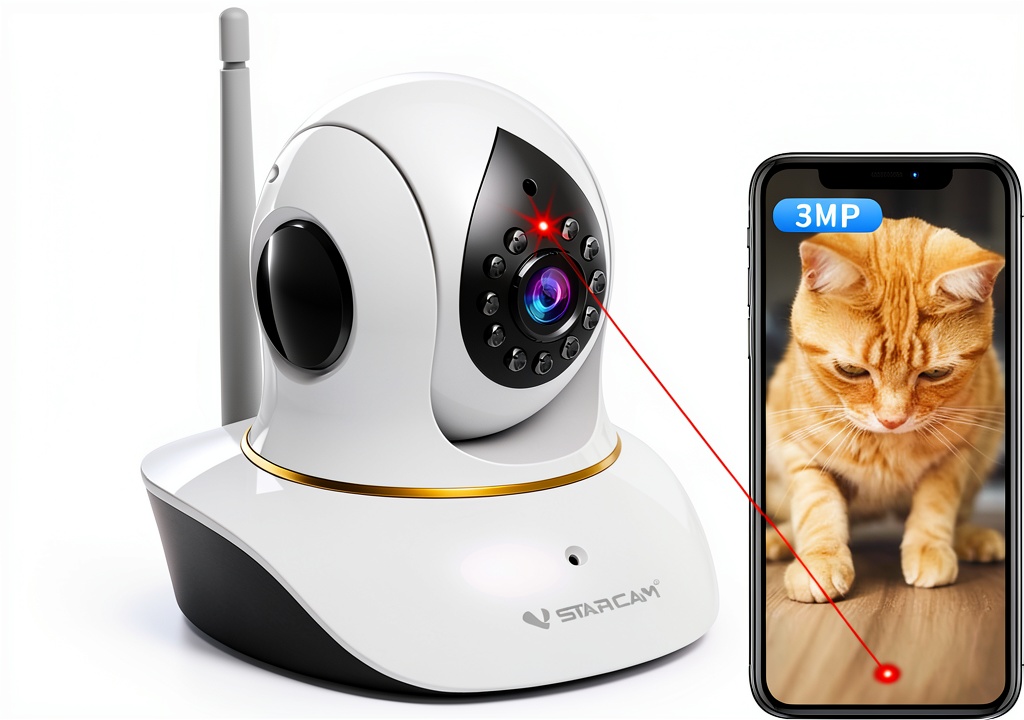 VStarcam pet camera mounted on a wall in a living room